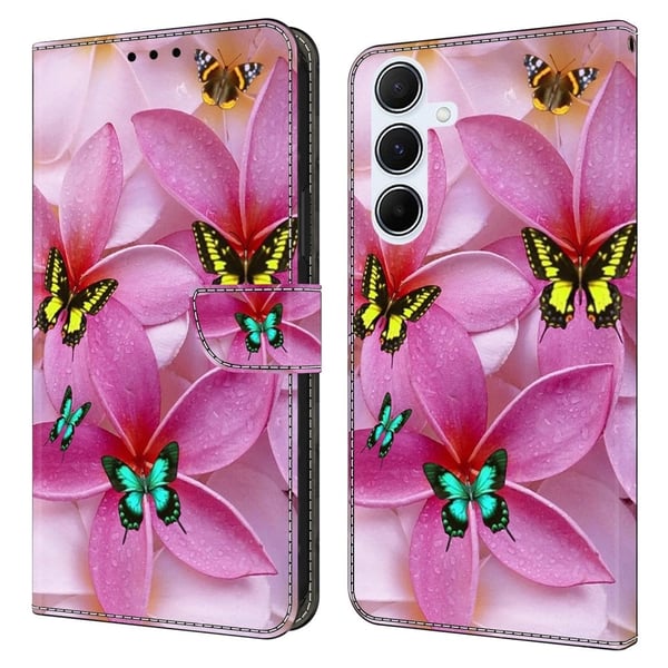 Samsung Galaxy S24 FE lommebokveske med mønstermønster som trykker på stativ, flip-telefondeksel i lær - Rosa Blomster Sommerfugl