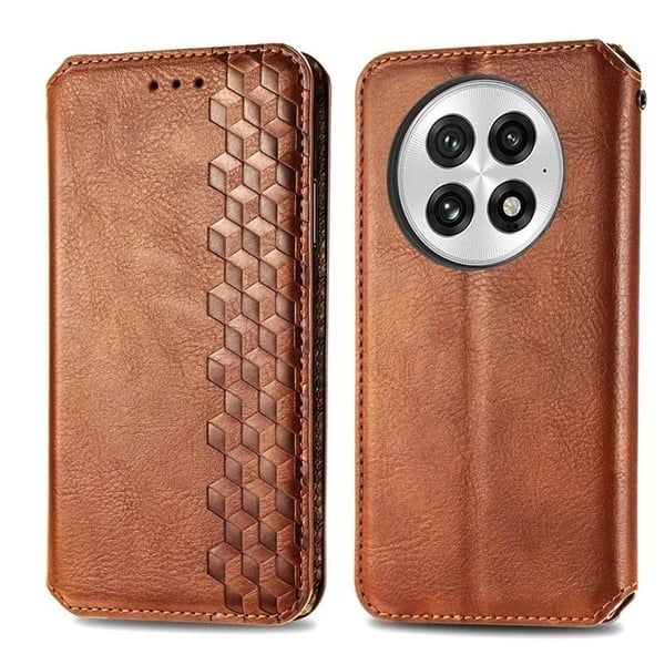 OnePlus 13-etui Rhombus Imprint Vegansk lær lommebok telefondeksel - Brun