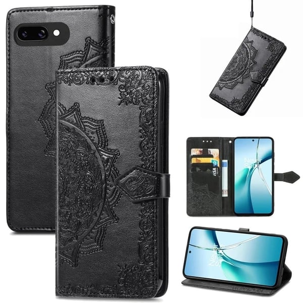 Google Pixel 9a lommebokveske Mandala Flower Leather Phone Deksel Stand - Svart