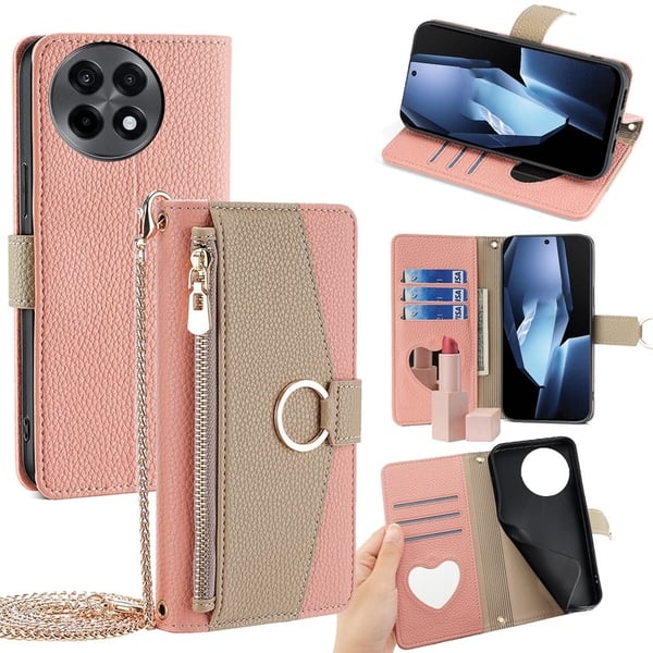 OnePlus Ace 5 5G / 5 Pro 5G Etui Mirror Wallet Leather Phone Deksel med kjede skulderrem - Rosa