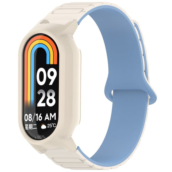 Xiaomi Smart Band 9 NFC / 9 Magnetisk silikonrem med to farger armbånd med støtbestandig beskyttelsesramme - Hvit + Blå + Hvit