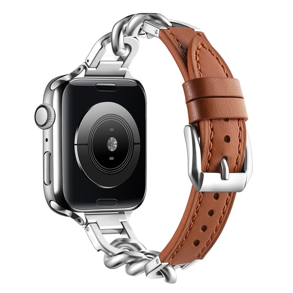 Armbånd til Apple Watch Series 49mm - 45mm - 44mm - 42mm Ekte lærrem av ku - Brun + Sølv
