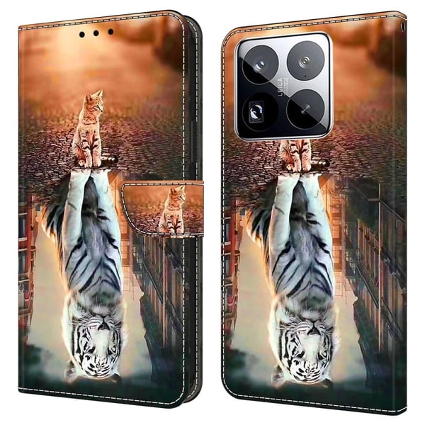 Xiaomi 15 Pro-etui med magnetisk lås 3D-mønster lærlommebok telefondeksel - Katt Og Tiger