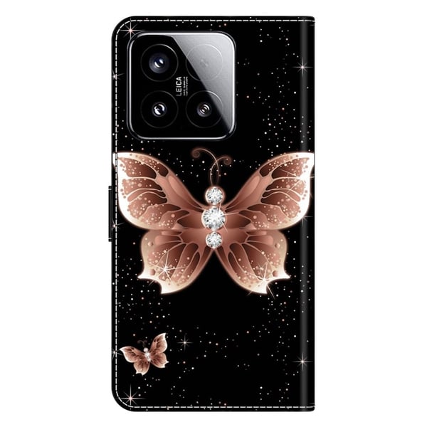 Xiaomi 15 Etui 3D-mønster Vegansk lær lommebok telefondeksel med stativ - Rosa Diamant Sommerfugl