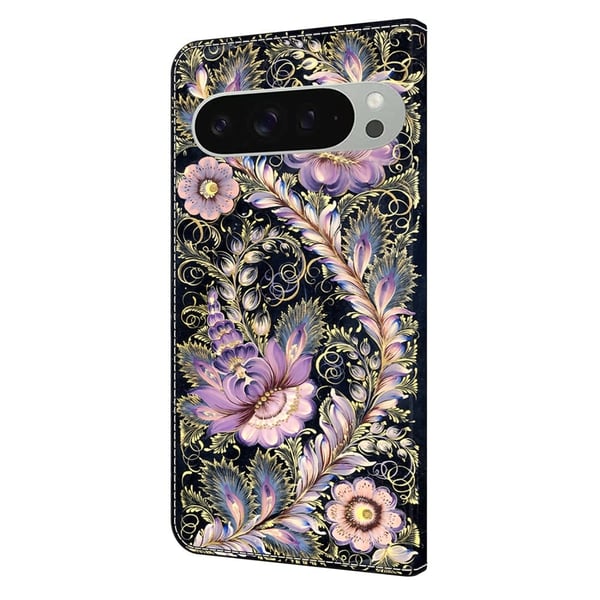 Google Pixel 9 Pro XL lommebokveske med mønsterutskrift stativ lær flip telefondeksel - Vintage Gullnål