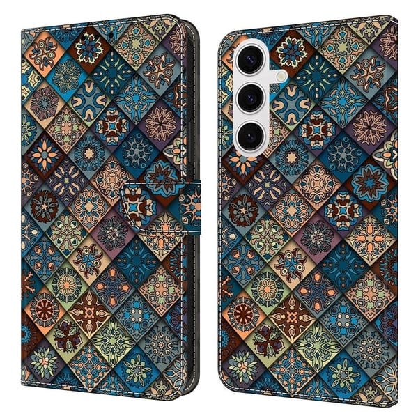 Samsung Galaxy S25 lommebokveske med mønsterutskrift Stativ lær flip telefondeksel - Blå Blomster