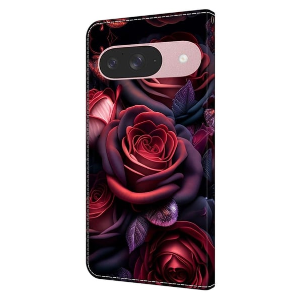 Google Pixel 9 / 9 Pro lommebokveske med mønsterutskrift stativ lær flip-telefondeksel - Svart Rose