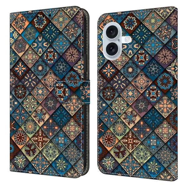 iPhone 16 lompakko asia kuvio tulostus jalusta nahka Flip Phone Cover - Sininen Kukka
