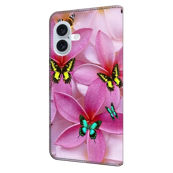 iPhone 16 lommebokveske med mønsterutskrift stativ lær flip telefondeksel - Rosa Blomster Sommerfugl