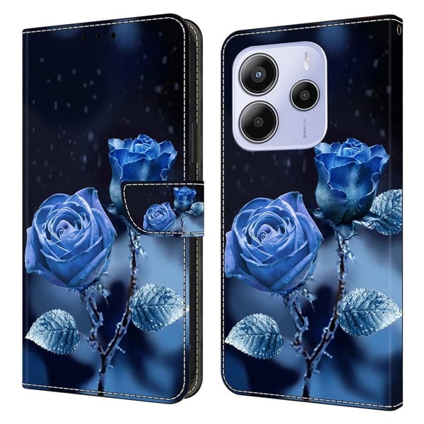 Xiaomi Redmi Note 14 5G lommebokveske med mønsterutskrift stativ lær flip-telefondeksel - Blå Roser