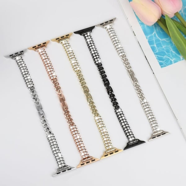 Urrem Apple Watch Series 49mm - 45mm - 44mm - 42mm Rhinestone Decor Alloy Bracelet Wrist Band - Guld