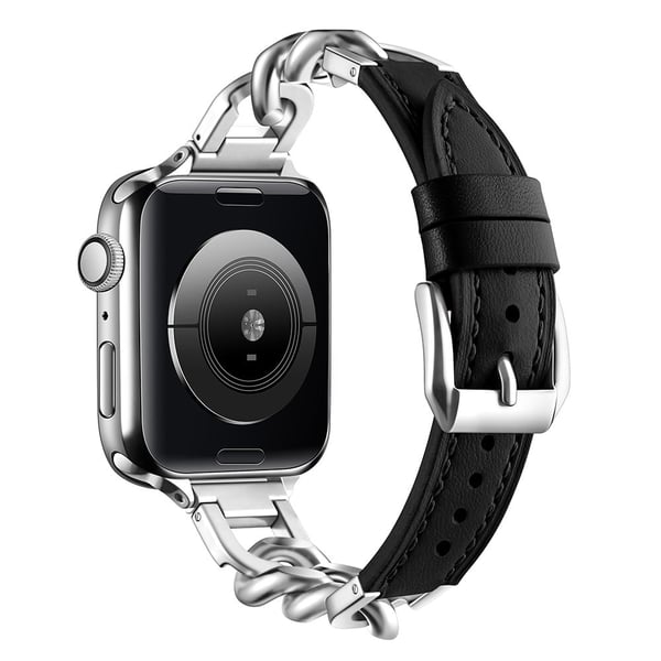 Armbånd til Apple Watch Series 49mm - 45mm - 44mm - 42mm Ekte lærrem av ku - Svart + Sølv