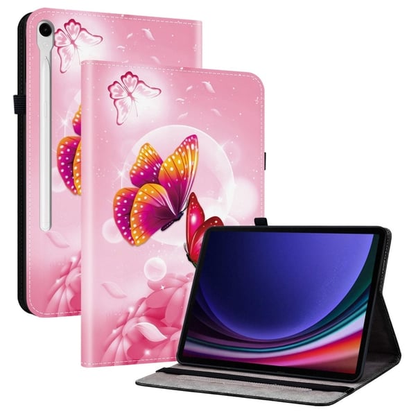 Lærveske Samsung Galaxy Tab S10 / S10 FE / S9 FE / S9 mønstertrykt stativ med kortspor - Rosa Sommerfugl