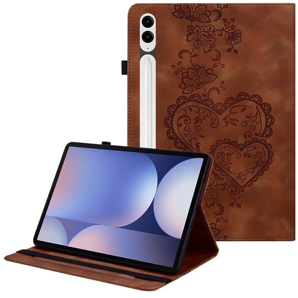 Nahkakotelo Samsung Galaxy Tab S10+ / S9 FE+ / S9+ Sydänkuvioinen taitettava teline Korttipaikka Kynän pidike Tabletin kansi - Ruskea