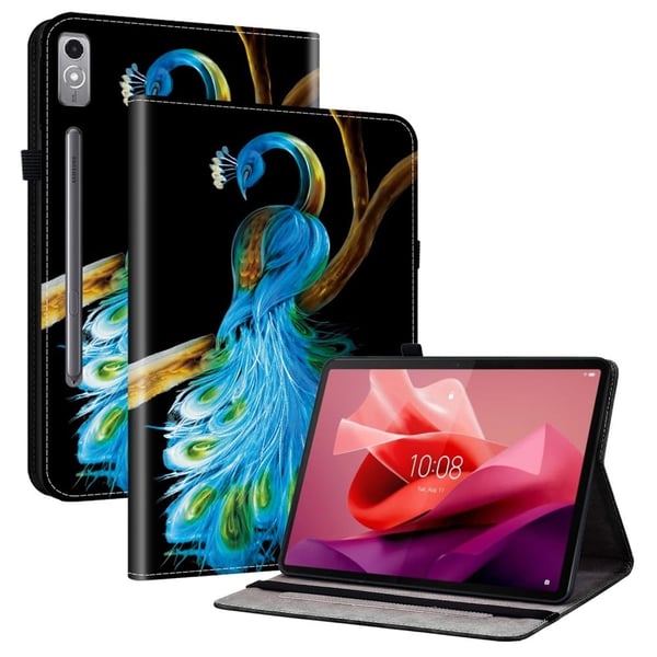 Lenovo Tab P12 lærveske med mønster og stativ for nettbrett med kortlommer - Påfugl