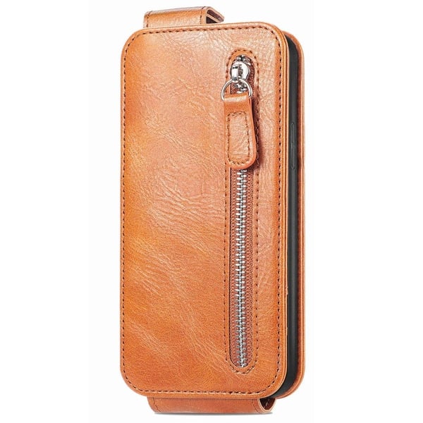 Vertical Flip Phone Etui med Zipper til Xiaomi Poco C40 - Brun