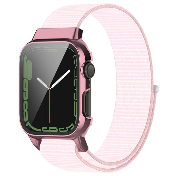 Apple Watch (45 mm) nylonklokkerem + herdet glass - Rosa