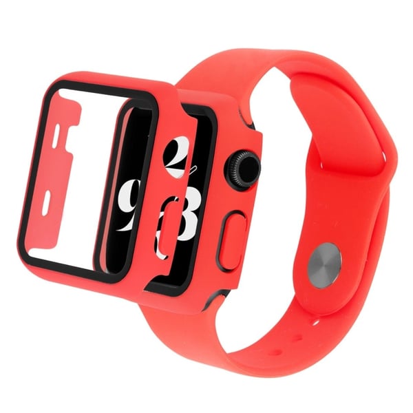 Apple Watch Series 8 (45 mm) klokkerem og deksel i silikon med herdet glass - Rød Apple Watch Series 8 (45 mm) klokkerem og deksel i silikon med herdet glass - Rød