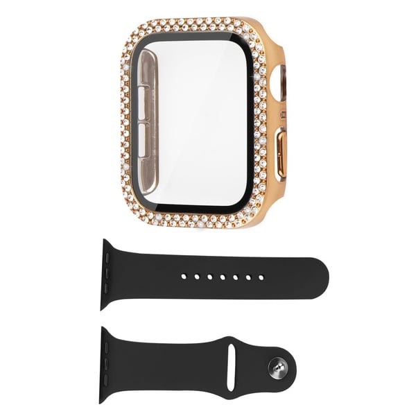 Apple Watch SE 2022 (40 mm) deksel med rhinestone-dekor med herdet glass og klokkerem - Gull Apple Watch SE 2022 (40 mm) deksel med rhinestone-dekor med herdet glass og klokkerem - Gull