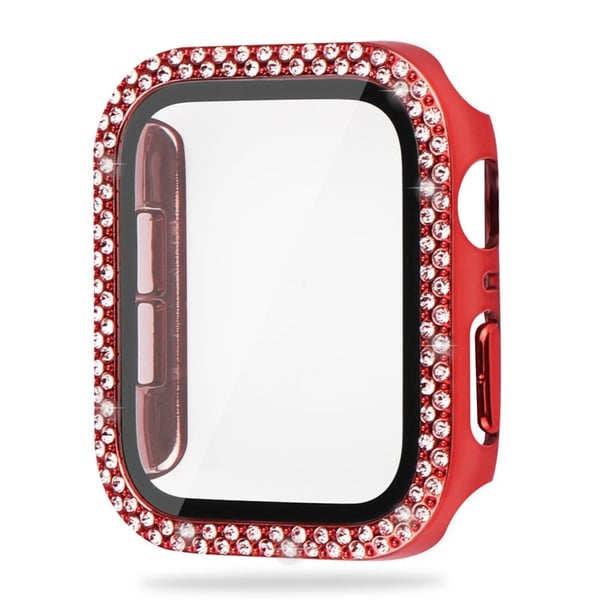 Apple Watch SE 2022 (44 mm) deksel med rhinestone-dekor og herdet glass - Rød Apple Watch SE 2022 (44 mm) deksel med rhinestone-dekor og herdet glass - Rød