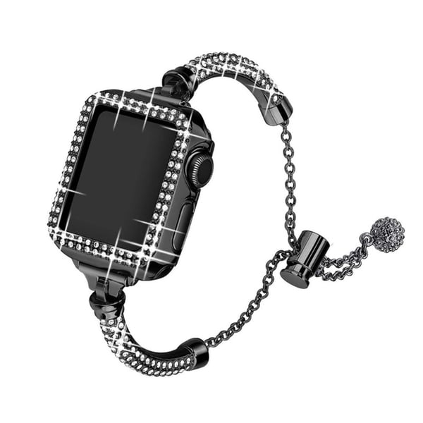 Apple Watch (45 mm) skinnende urrem med rhinestone-dekor + deksel - Svart