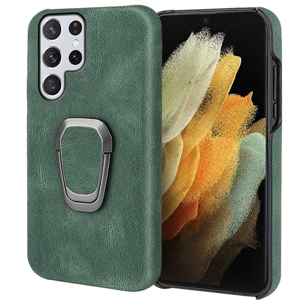 Støtsikkert skinndeksel med ovalt kickstand for Samsung Galaxy S22 Ultra - Grønn