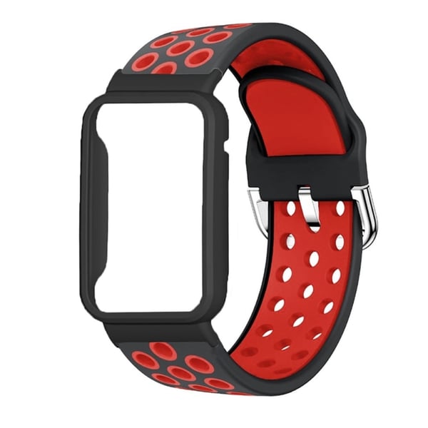 Xiaomi Mi Band 7 Pro tofarvet silikoneurrem med cover - Sort Rød / Sort Xiaomi Mi Band 7 Pro tofarvet silikoneurrem med cover - Sort Rød / Sort