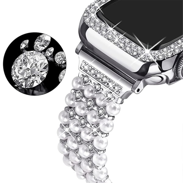 Apple Watch (45 mm) urrem med rhinestone-dekor + deksel - Sølv