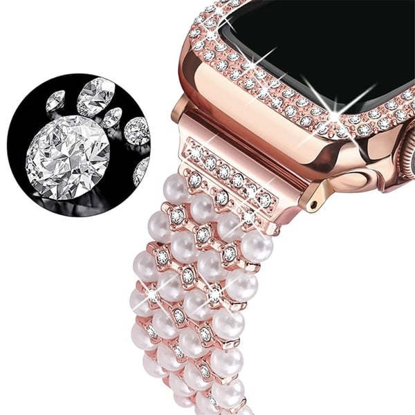 Apple Watch (45 mm) urrem med rhinestone-dekor + deksel - Rose Gull