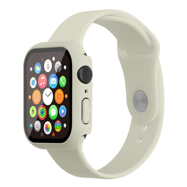 Apple Watch (45 mm) klokkerem i silikon + deksel med herdet glass - Antikkhvit / Størrelse: S / M
