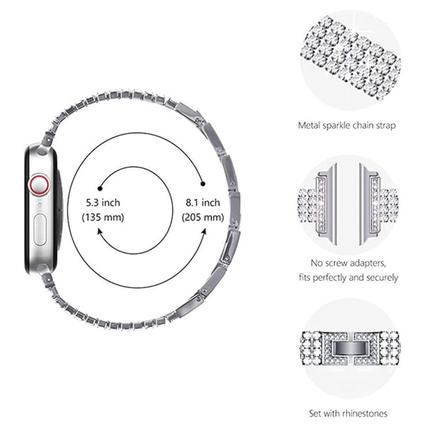 Apple Watch (45 mm) urrem i rustfritt stål med fire rader rhinestone-dekor - Svart