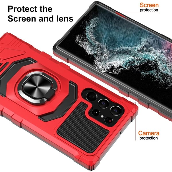 Slitesterkt hardplastdeksel med myk innside og kickstand for Samsung Galaxy S22 Ultra - Rød