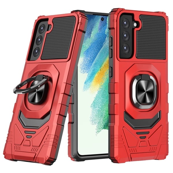 Slidstærkt cover i hård plast med blød inderside og kickstand til Samsung Galaxy S21 FE - Rød Slidstærkt cover i hård plast med blød inderside og kickstand til Samsung Galaxy S21 FE - Rød