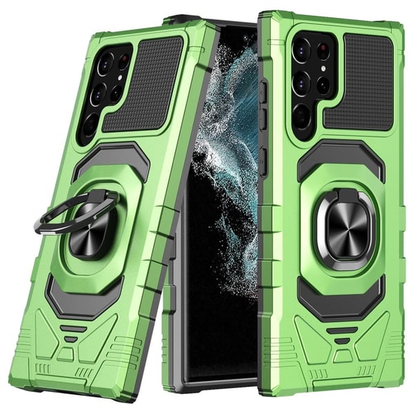 Slitesterkt hardplastdeksel med myk innside og kickstand for Samsung Galaxy S22 Ultra - Grønn