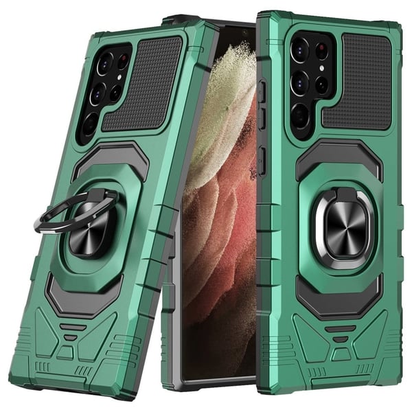 Slitesterkt hardplastdeksel med myk innside og kickstand for Samsung Galaxy S21 Ultra 5G - Midnattsgrønn