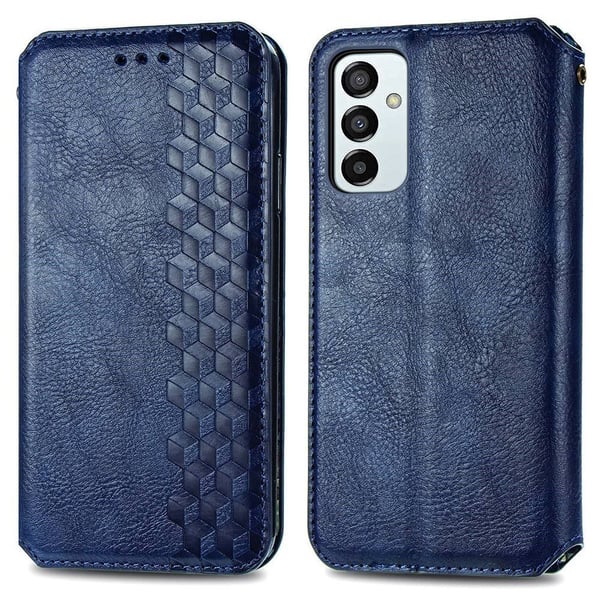 Skinn-etui med stilfult rombeavtrykk for Samsung Galaxy M23 - Blå