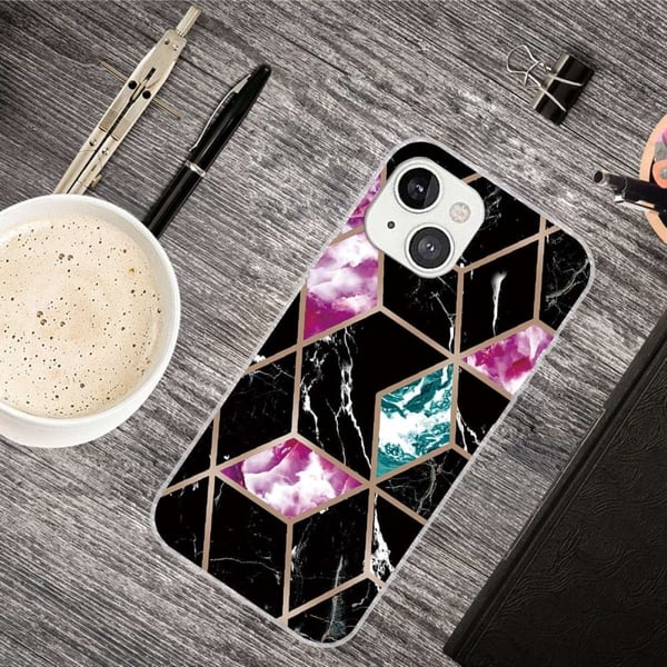 Marmordesign iPhone 14 Plus deksel - Flis Av Svart / Cyan / Rose