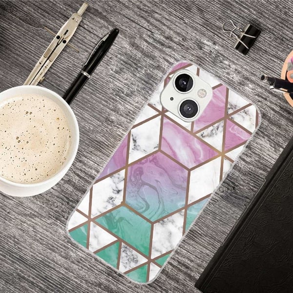 Marmordesign iPhone 14 Plus deksel - Hvit Diamant I Fargerik Bakgrunn