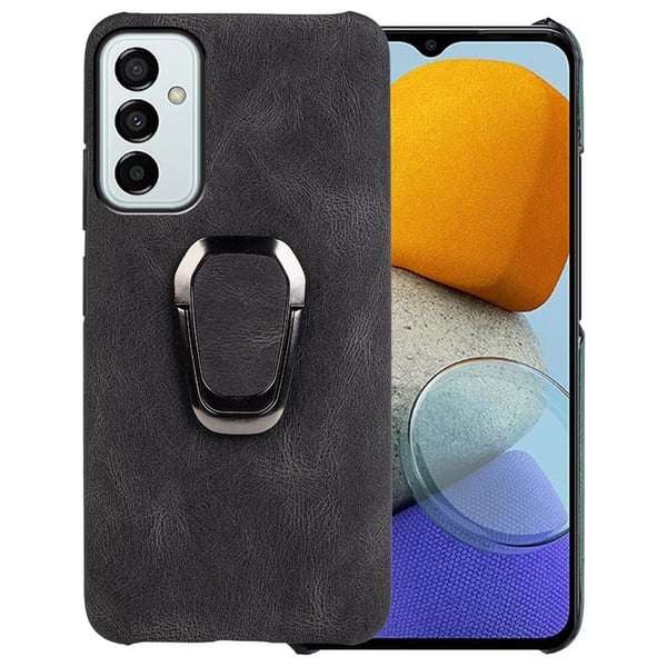 Støtsikkert skinndeksel med ovalt kickstand for Samsung Galaxy M23 - Svart