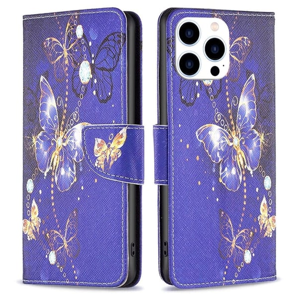 Wonderland iPhone 14 Pro flip etui - Lilla Sommerfugle