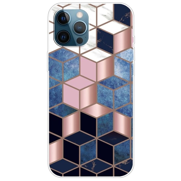 Marmordesign iPhone 14 Pro Max deksel - Blå / Gullfarget Kube