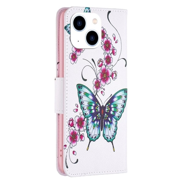 Wonderland iPhone 14 flip-etui - Ferskenblomst Og Sommerfugler