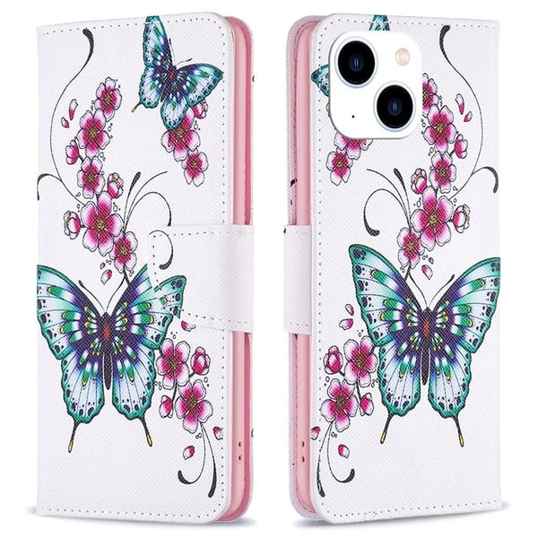 Wonderland iPhone 14 flip-etui - Ferskenblomst Og Sommerfugler