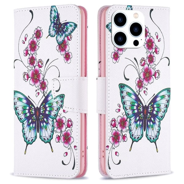 Wonderland iPhone 14 Pro flip-etui - Ferskenblomst Og Sommerfugler