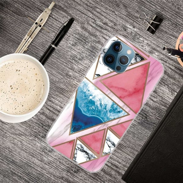 Marmordesign iPhone 14 Pro deksel - Hvit / Blå / Rosentrekant
