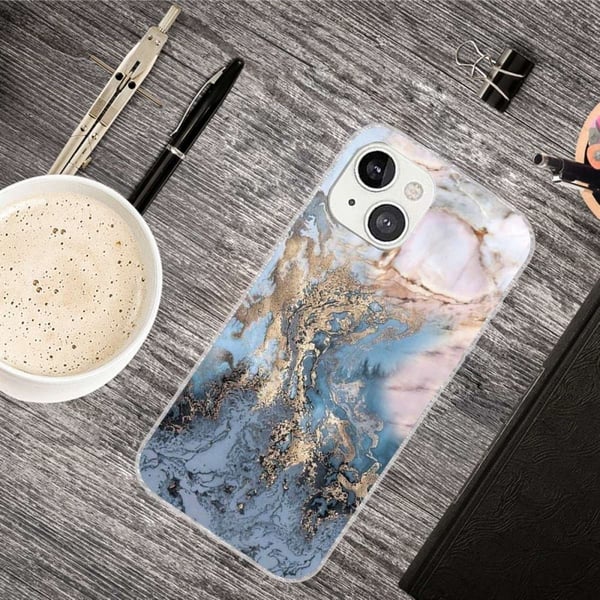 Marmordesign iPhone 14 Plus deksel - Blåaktig Gullmarmor