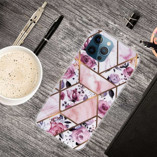 Marmordesign iPhone 14 Pro deksel - Elegant Flis Med Roser