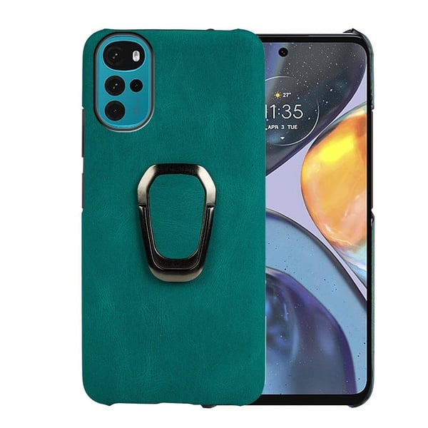 Støtsikkert skinndeksel med ovalt kickstand for Motorola Moto G22 - Mørkegrønn