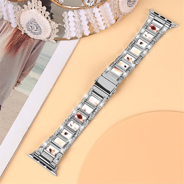 Apple Watch (41 mm) urrem i rustfrit stål med rhinestone-dekor - Sølv / Nougat-Mønster