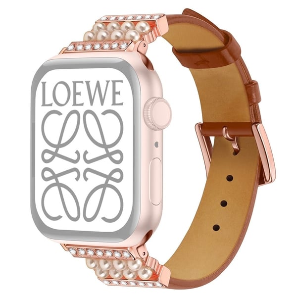 Apple Watch (41 mm) klokkerem i ekte skinn med rhinestone-dekor - Brun